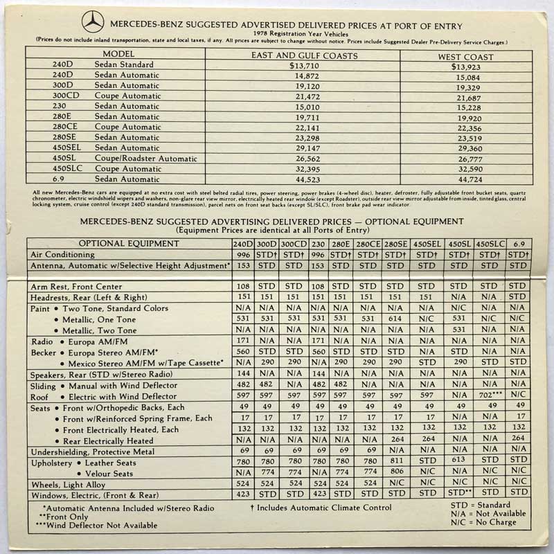 1978-Original-Mercedes-Price-List-Mercedes-Market